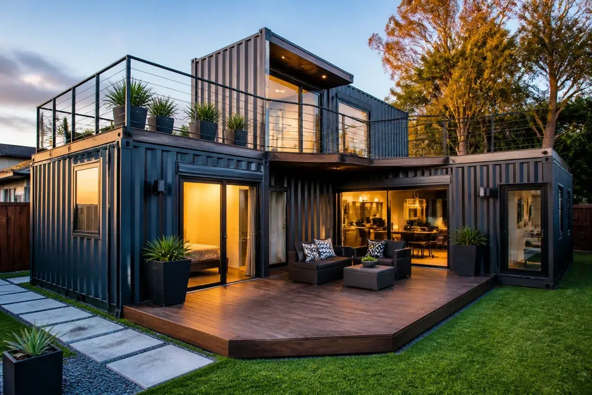 Conteneurs acier transformes en construction de maison progressive