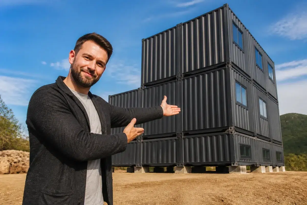 Homme montrant des conteneurs metalliques empiles construction habitat