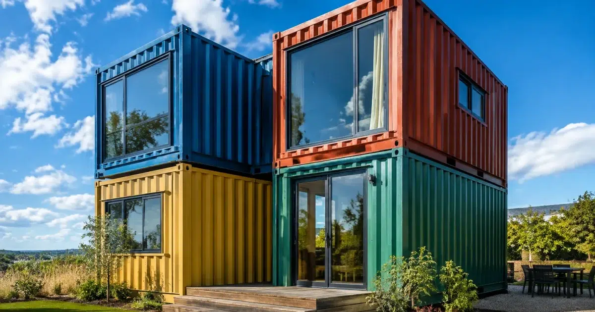 Six conteneurs metalliques empiles formant une maison modulaire