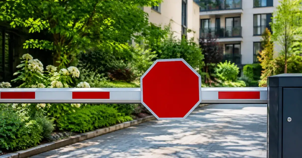 Panneau stop bloquant l'entree d'une cour immobiliere vegetalisee