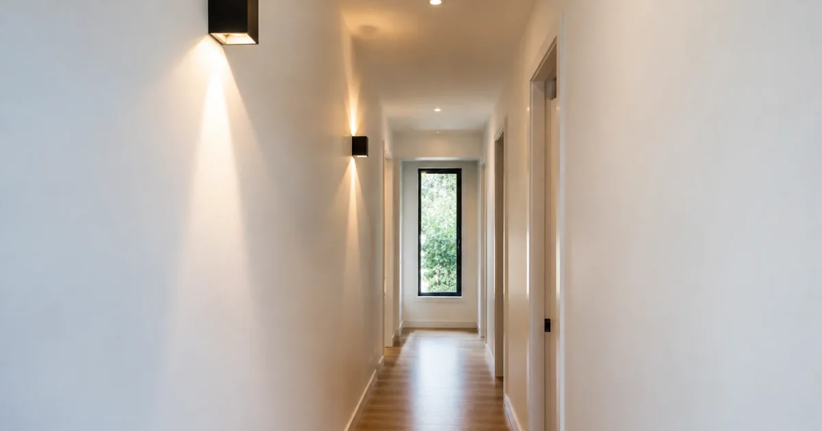 Couloir etroit avec appliques murales eclairant murs blancs