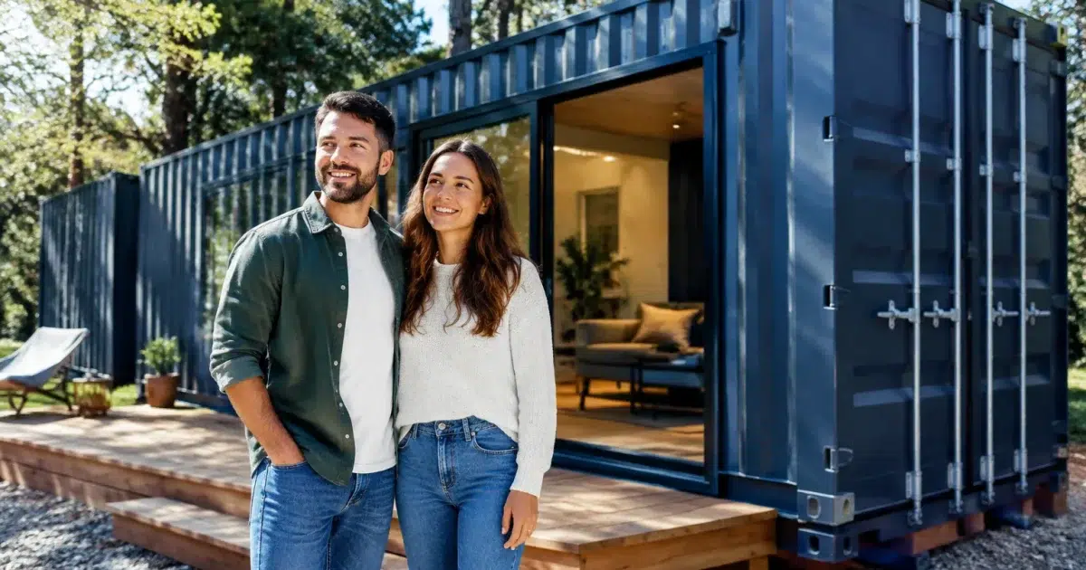 Couple debout devant conteneur maritime convertir en maison habitable