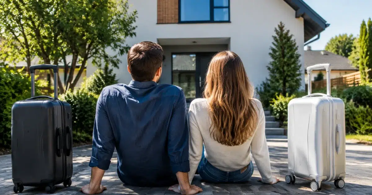 Couple assis face à maison, valises posées au sol