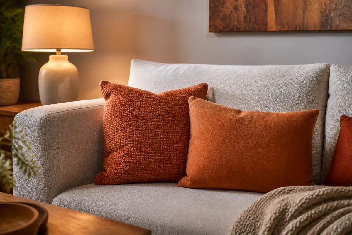 Coussins terracotta sur canape eclairage blanc chaud