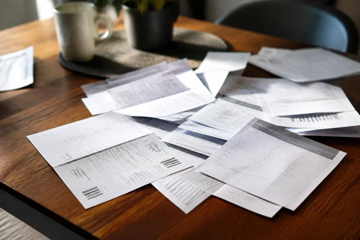 Factures et billets éparpillés sur table norvégienne