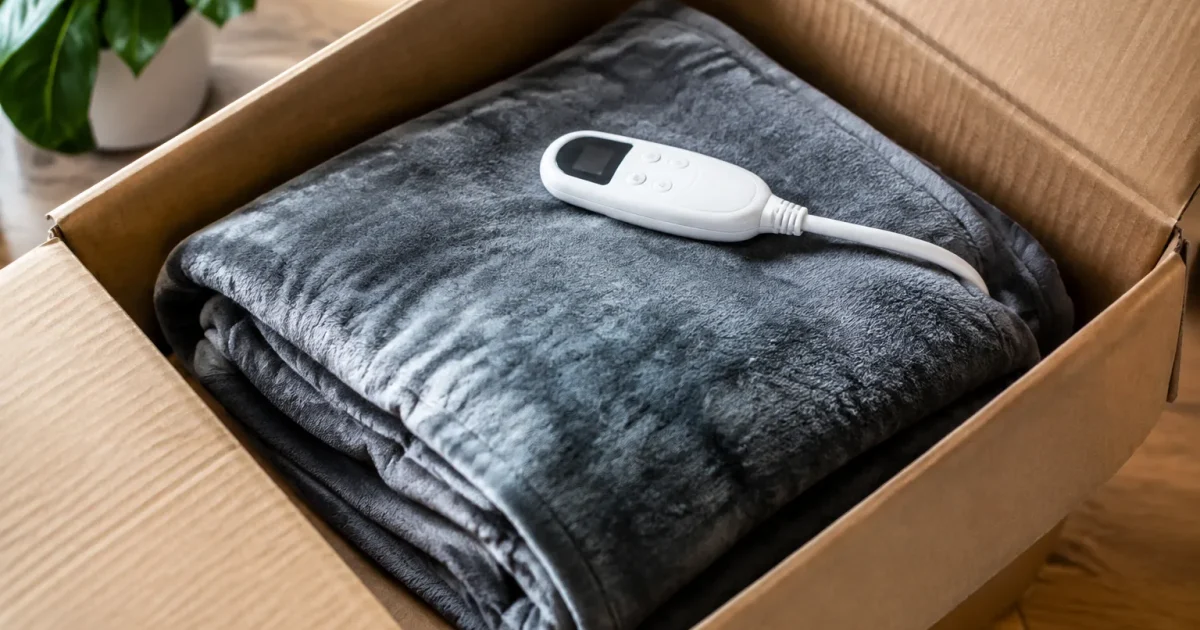 Couverture chauffante compactee pliee stockee dans boite