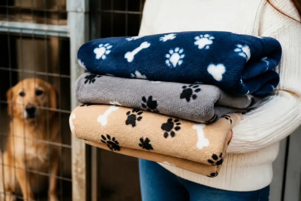 Couverture polaire pliée remise a refuge animalier