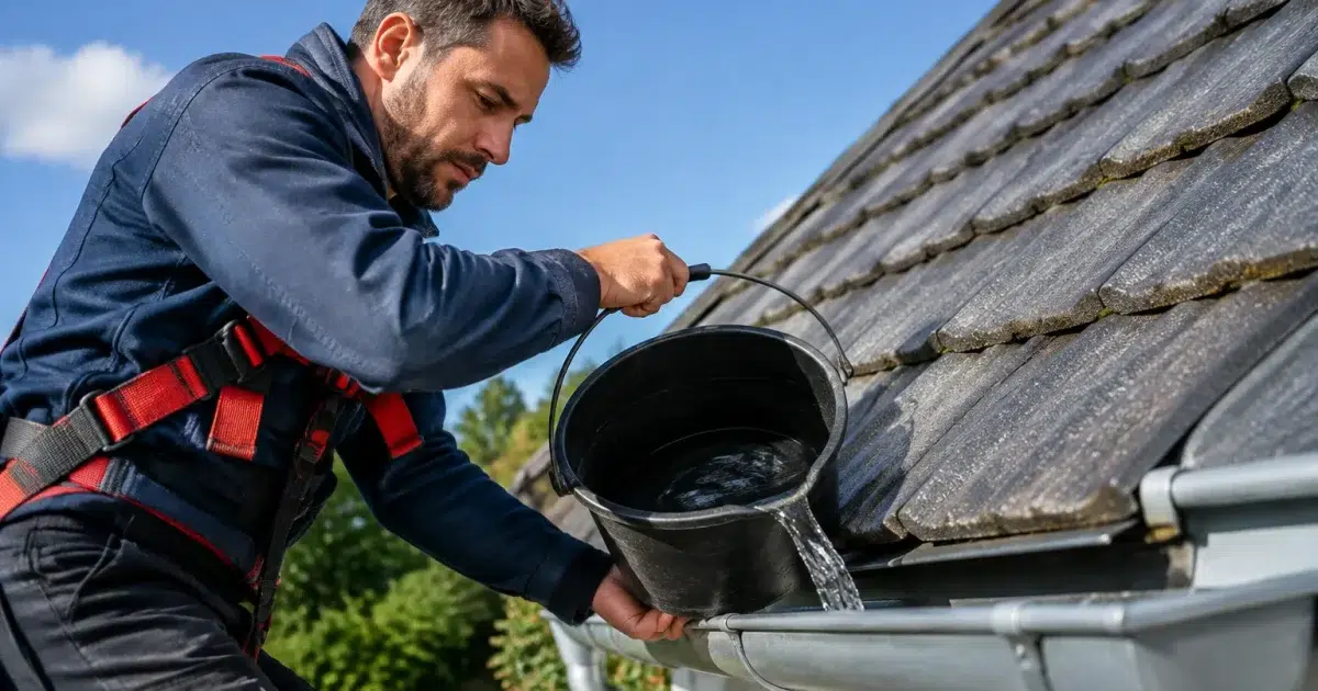 Couvreur penche seau eau gouttière pour vérifier écoulement