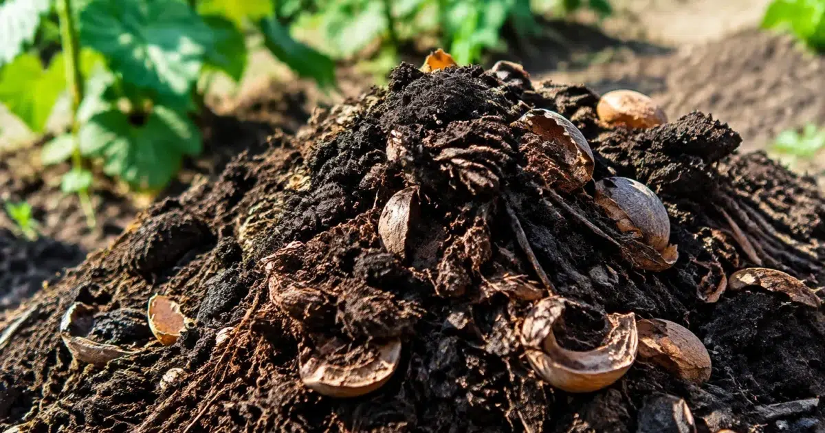 Résidus de marc et coquilles empilés sur terre fertile