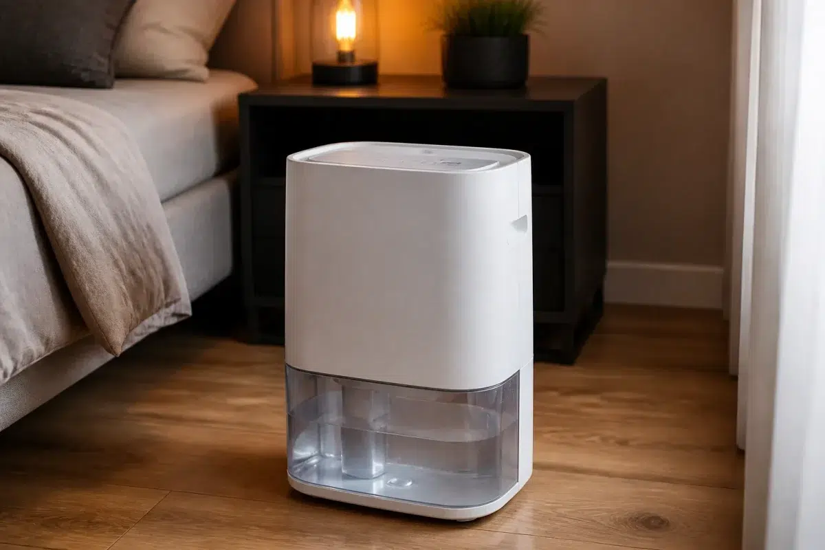 Deshumidificateur blanc avec reservoir extracting moisture from bedroom air