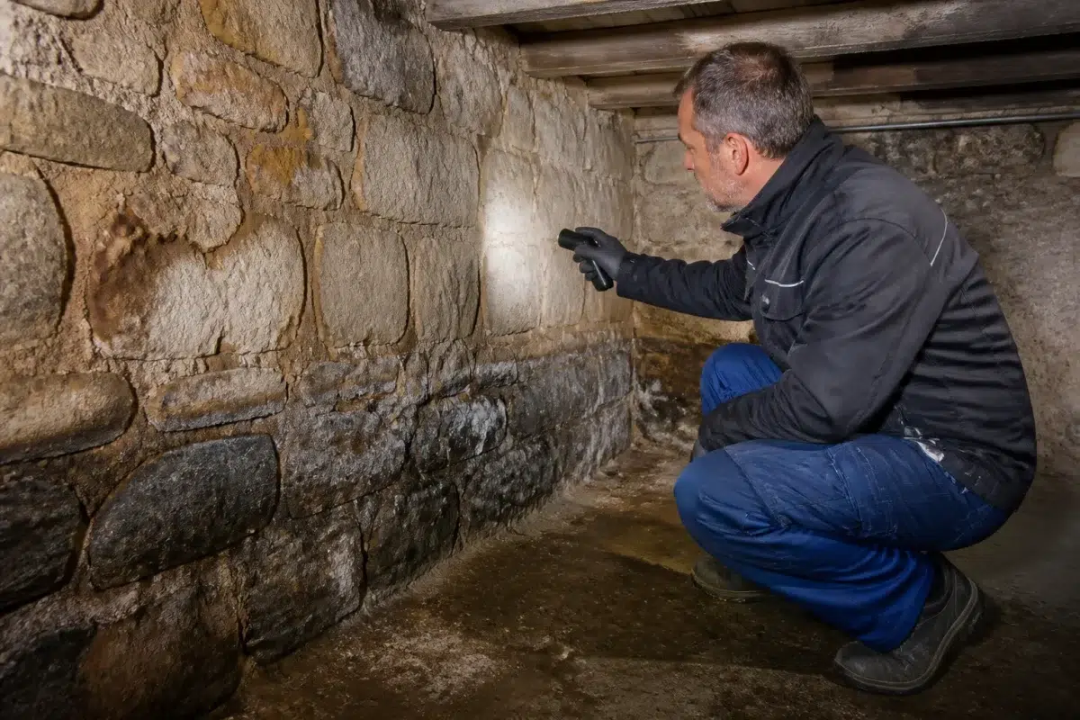 Diagnostiqueur inspectant murs humides pierre ancienne sous-sol