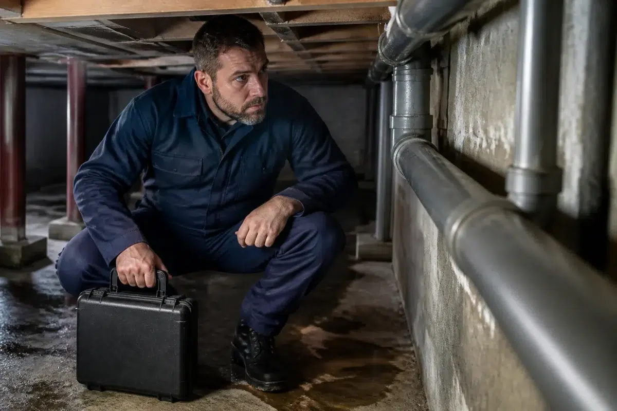 Diagnostiqueur tenant mallette outils inspection sous-sol
