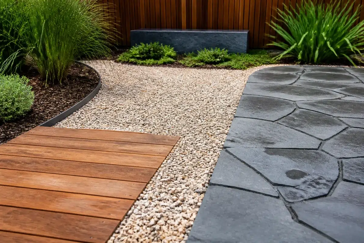 Trois zones de jardin avec bois, gravier et pierre naturelle