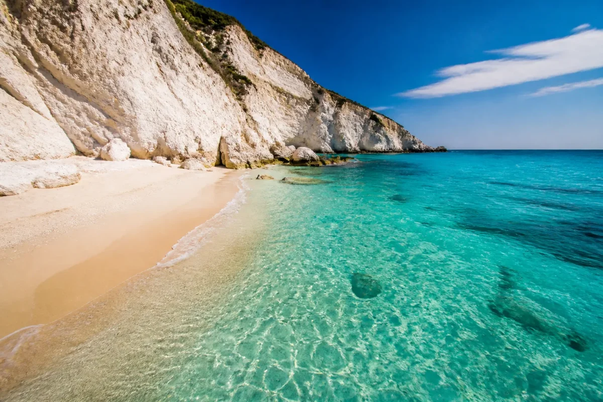 Eau turquoise avec plage beige et falaises blanches