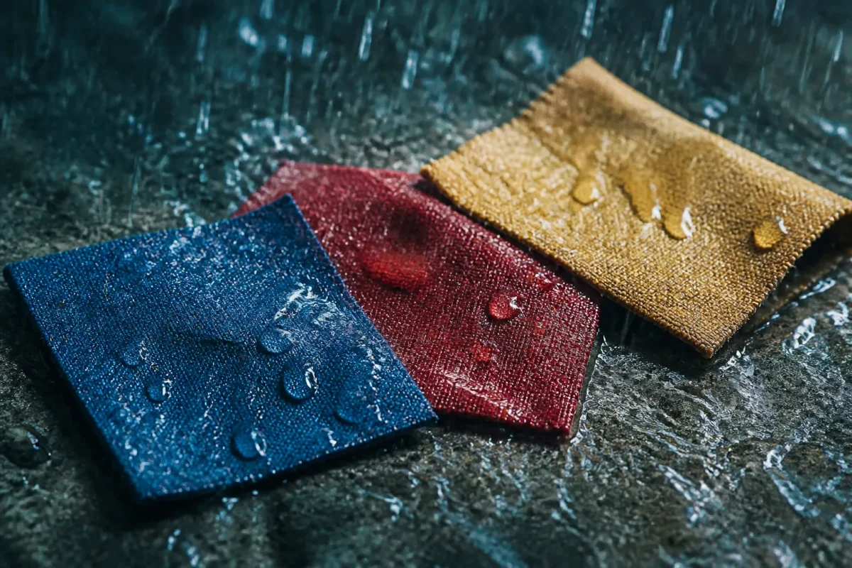 Trois echantillons textiles mouilles sous pluie battante