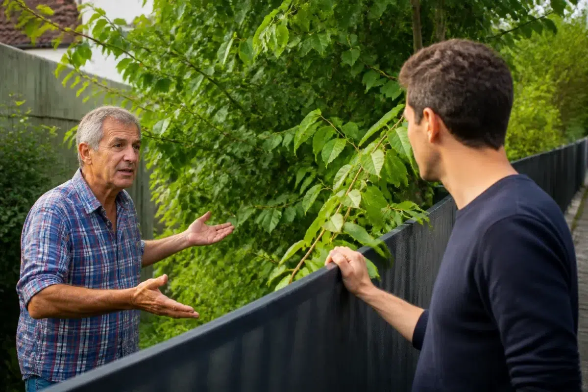 Deux voisins discutent devant branches qui dépassent du terrain adjacent