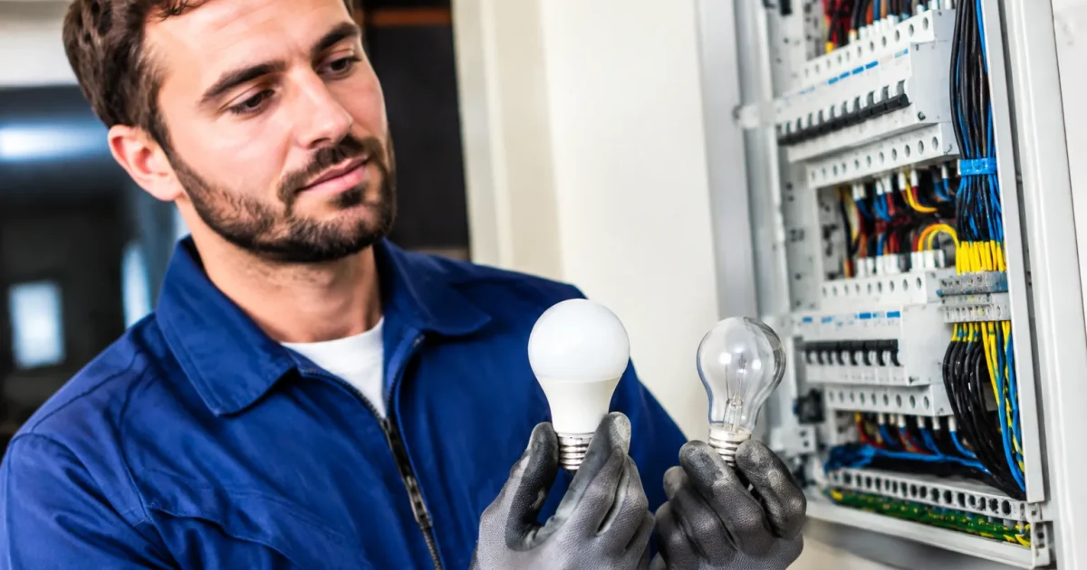Electricien tenant deux ampoules differentes devant boite electrique