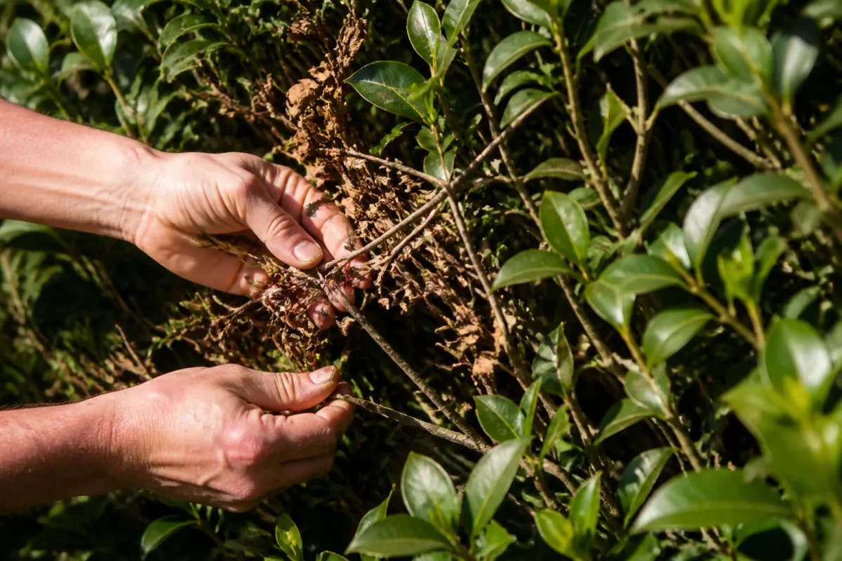 Mains enlevant branches seches d'une haie au feuillage vert