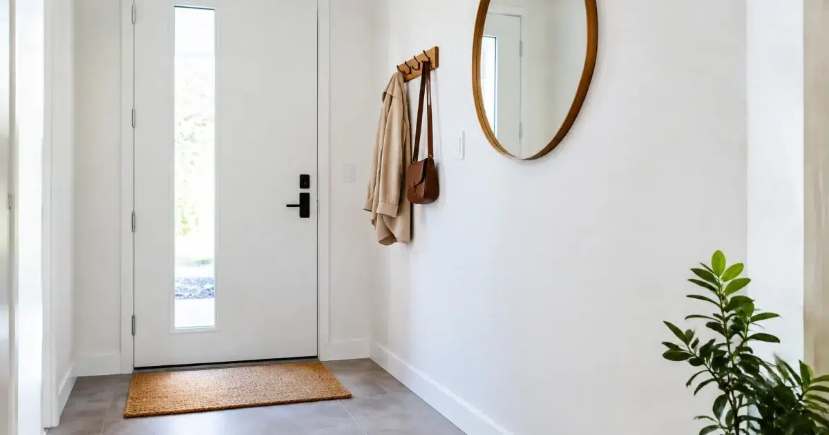 Entree vide sans meuble de rangement chaussures contre mur blanc
