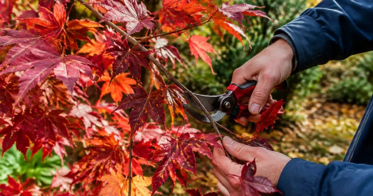 Mains taillant branche d'erable rouge automnal au jardin