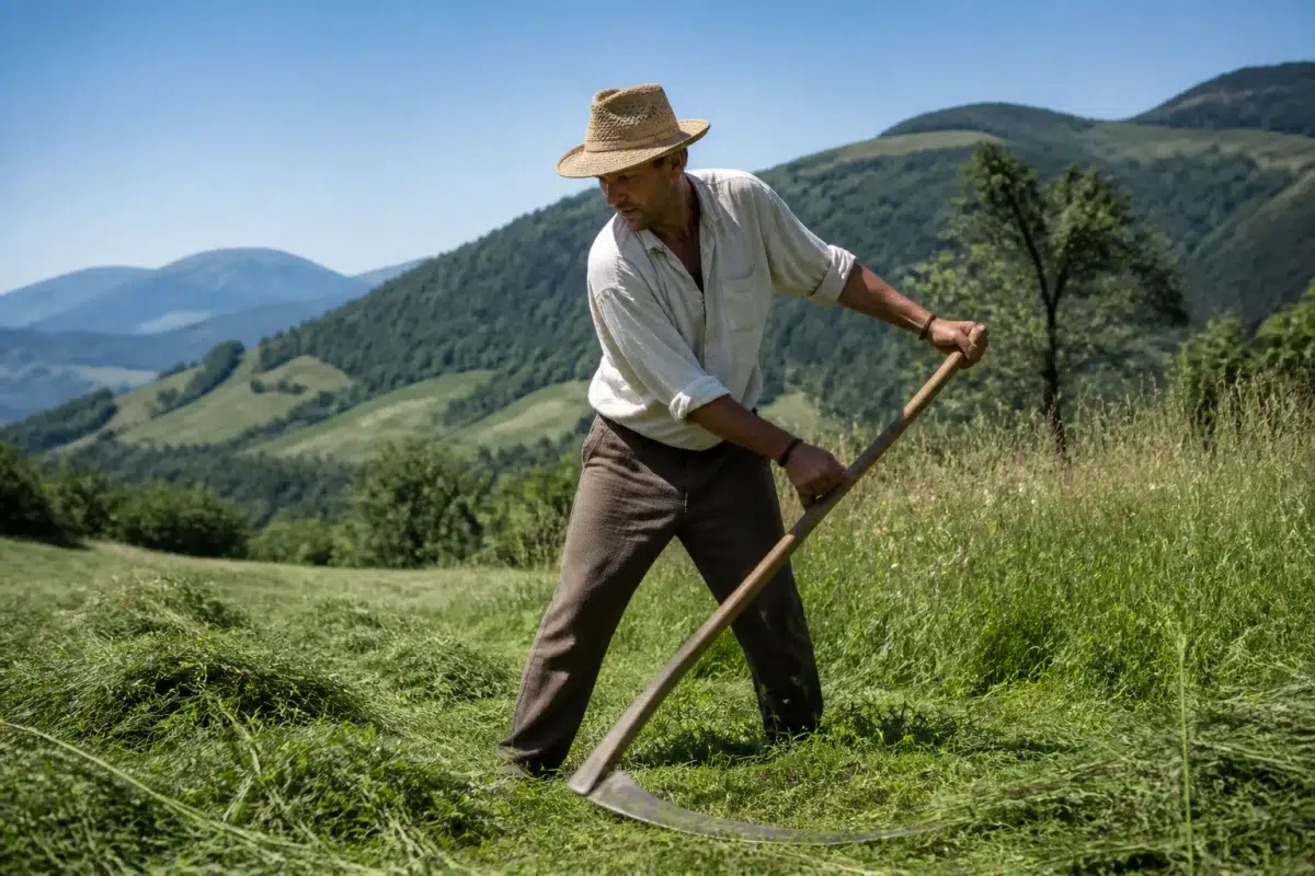 Homme fauchant avec mouvements circulaires horizontaux du corps