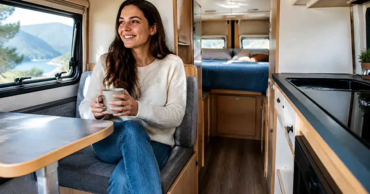 Femme assise a l'interieur d'un camping-car compact et amenage