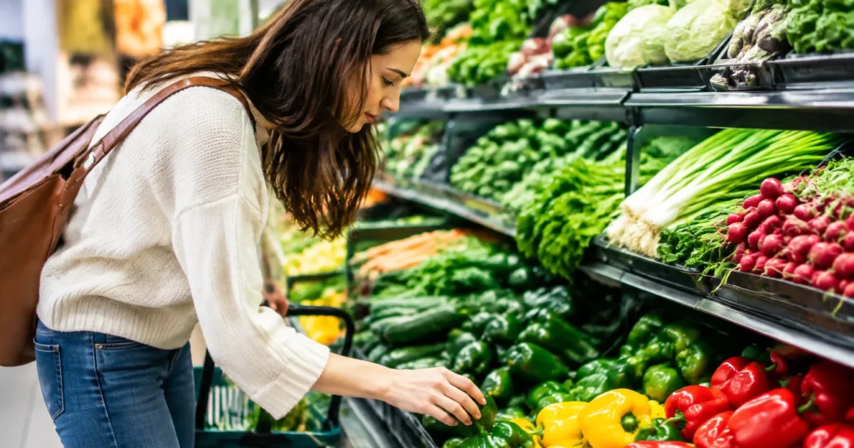 Femme penchee devant rangees alignees de legumes