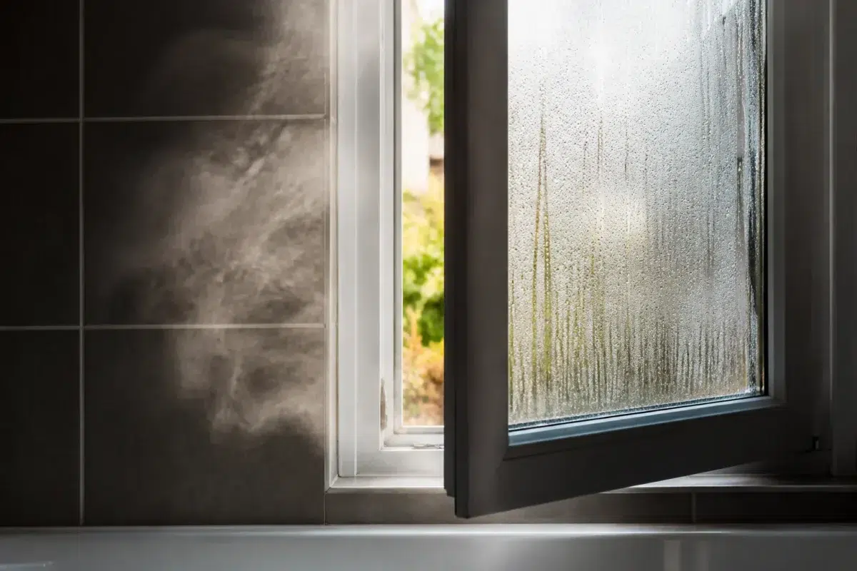Fenetre entrouverte salle bain avec vapeur eau visible