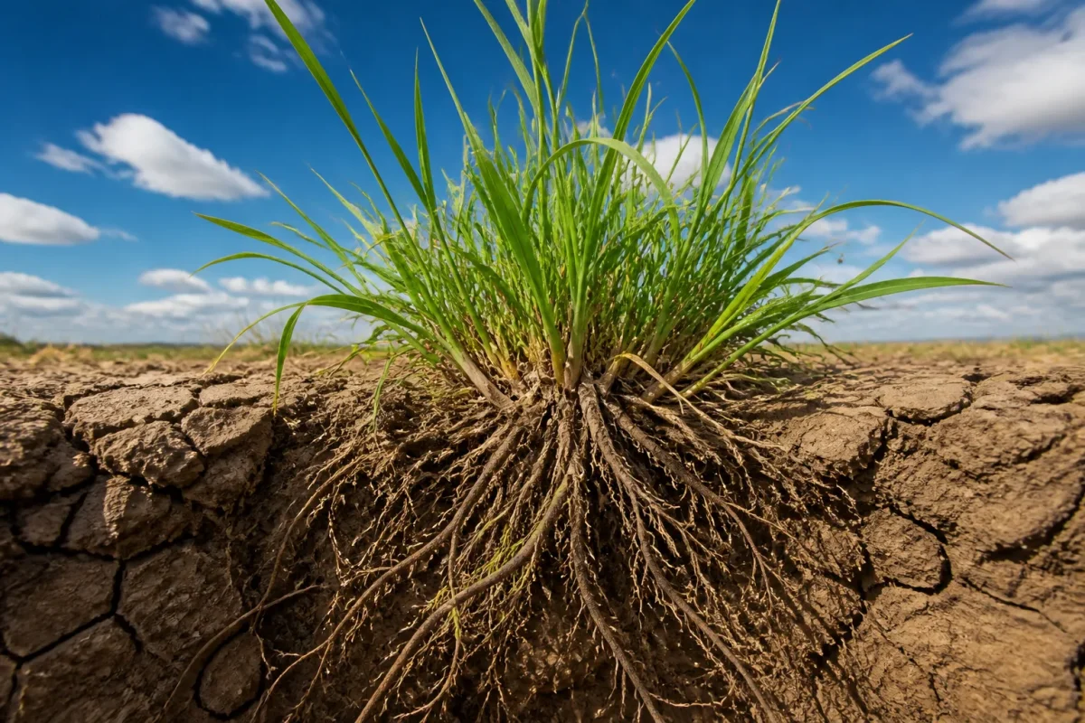 Herbe verte avec racines profondes dans sol sec
