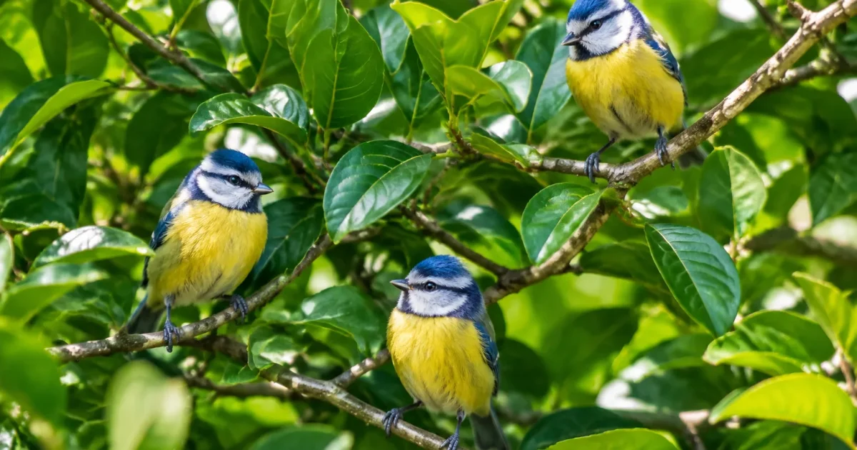 Feuillage dense abritant des passereaux poses sur branches