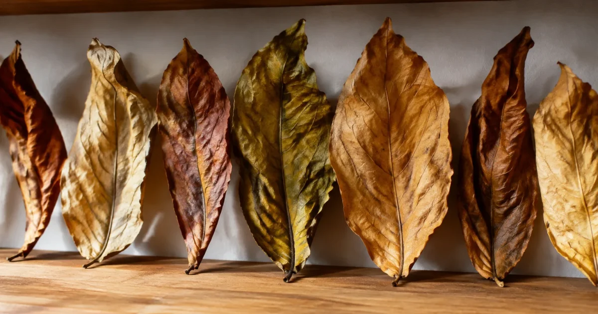 Feuilles sechees alignees en ligne sur etagere bois