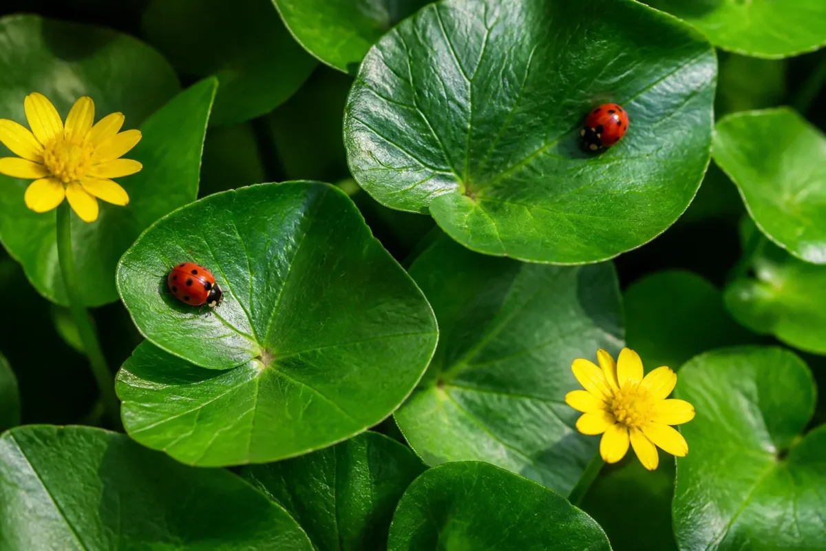 Feuilles vertes abritant coccinelles et petites fleurs jaunes