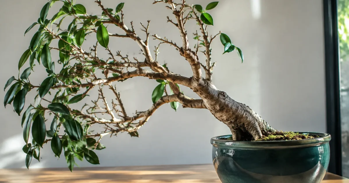 Ficus incline dans pot avec branches denudees