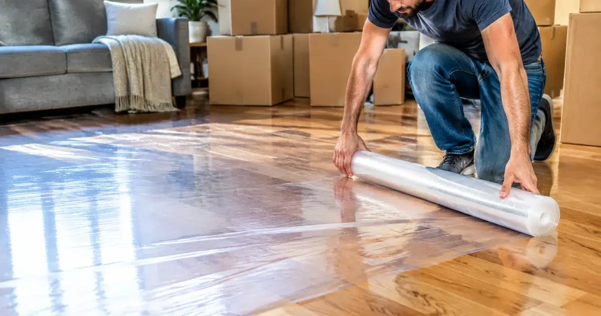 Film protecteur transparent pose sur parquet pendant demenagement mobilier
