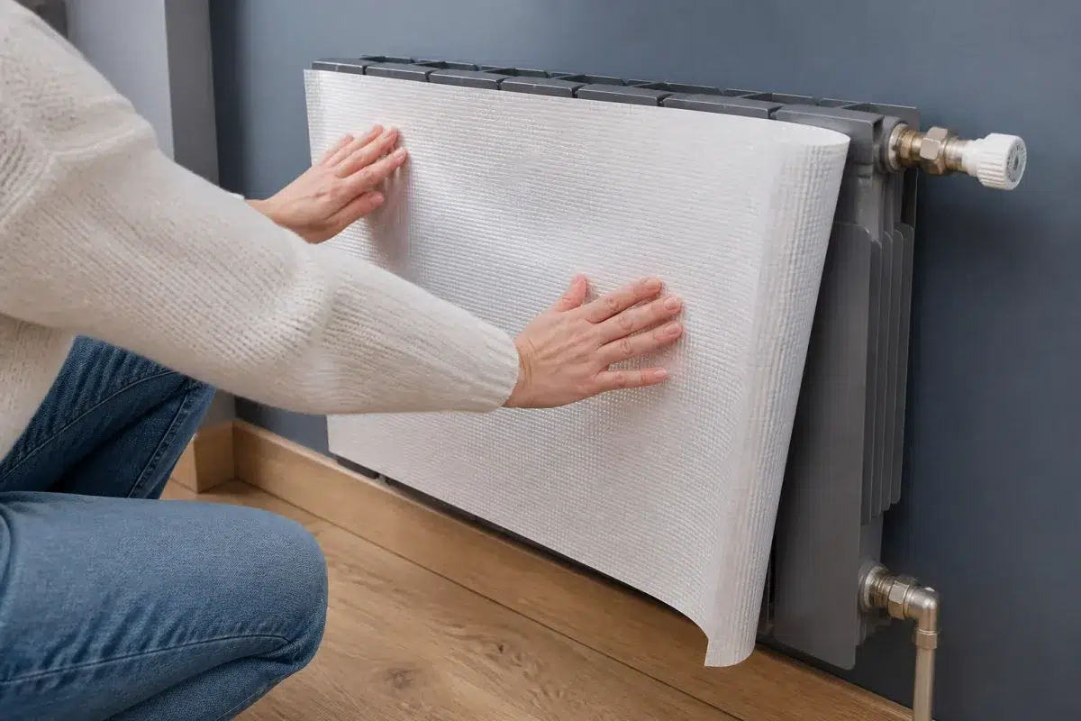 Film thermique blanc fixé sur radiateur mural gris