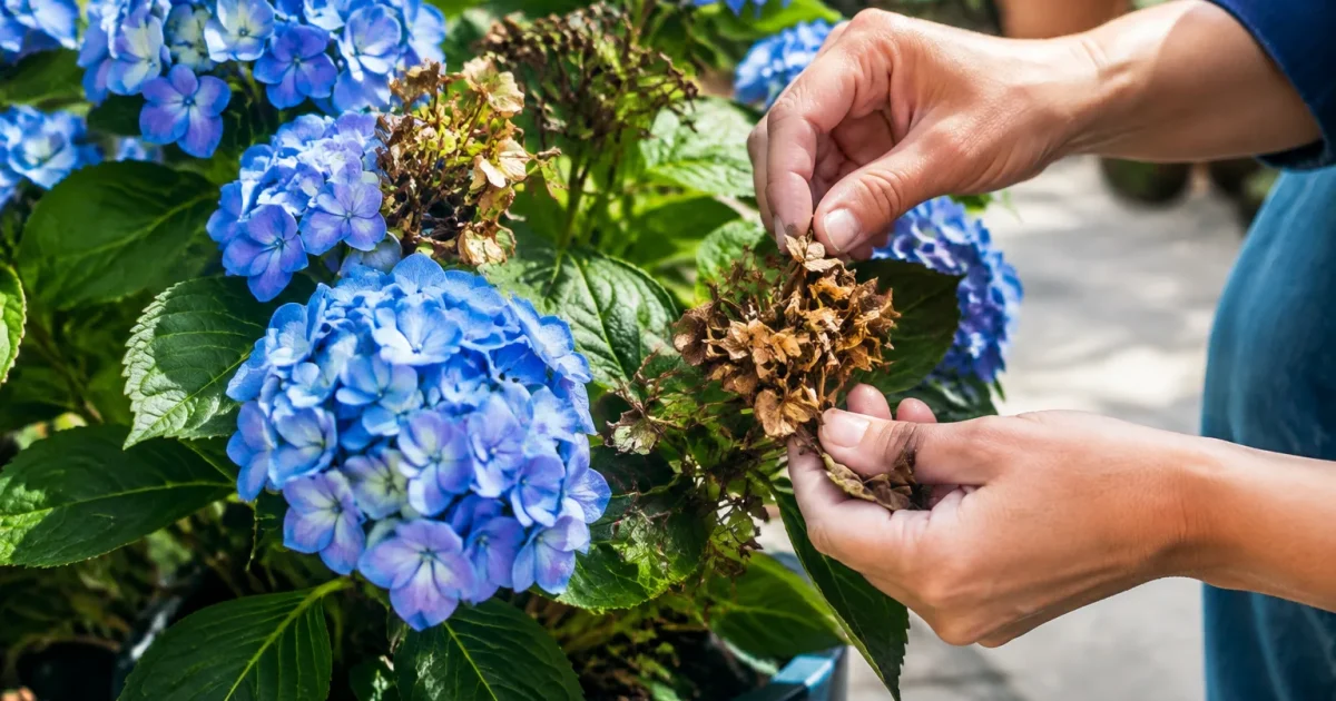 Mains retirant fleurs fanees sur hortensia bleu en pot