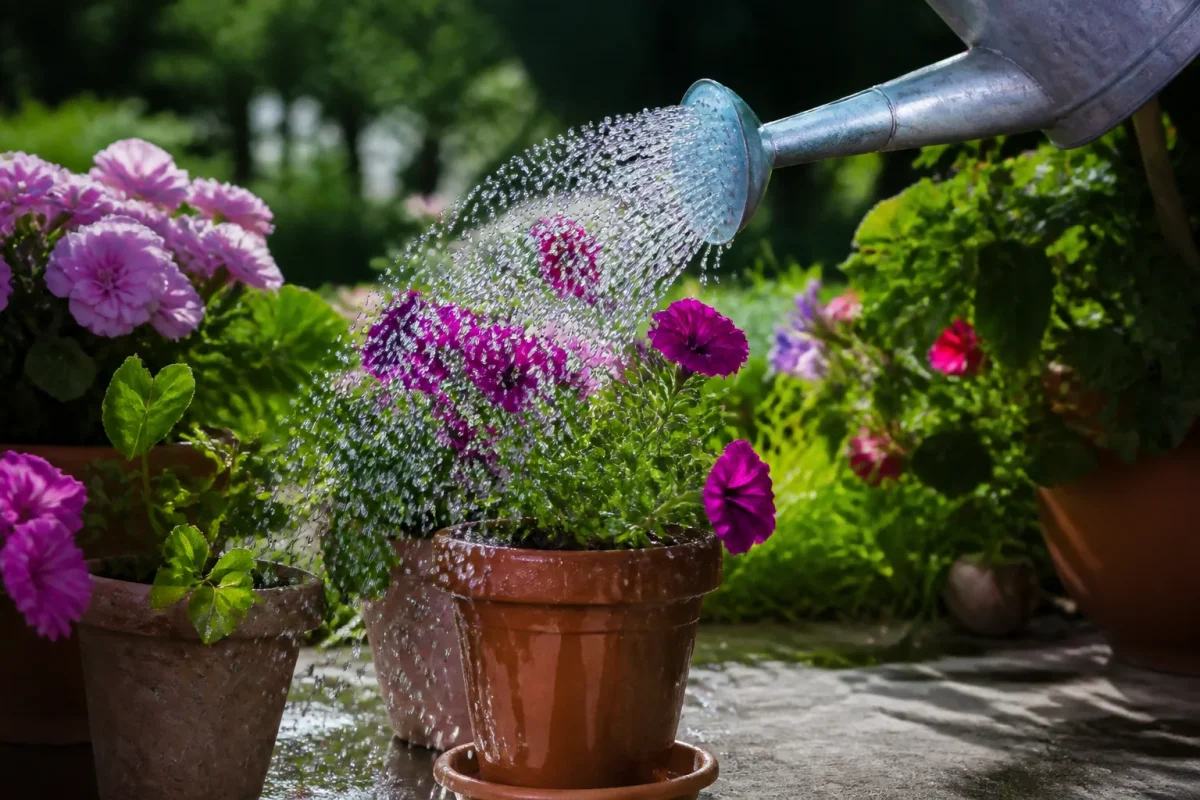 Fleurs en pot recevant eau avec arrosoir