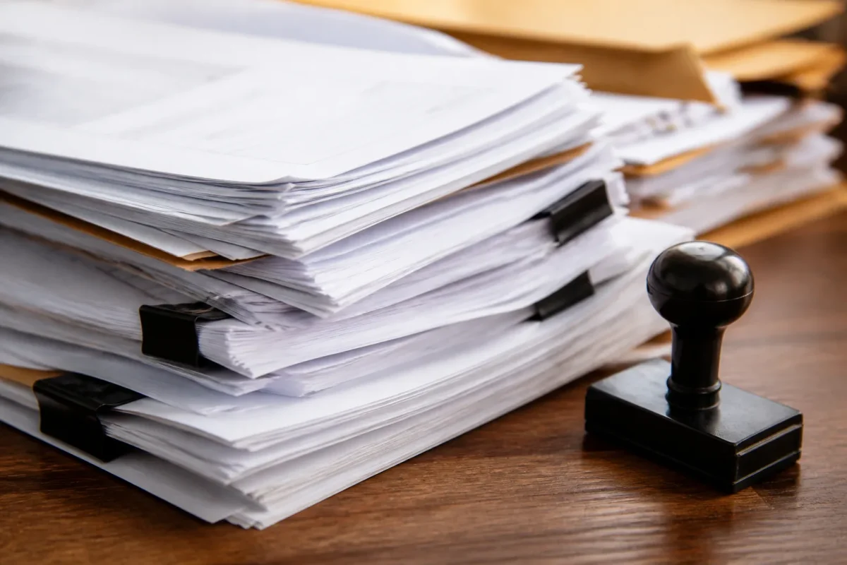 Formulaires administratifs empiles avec tampon validation officiel