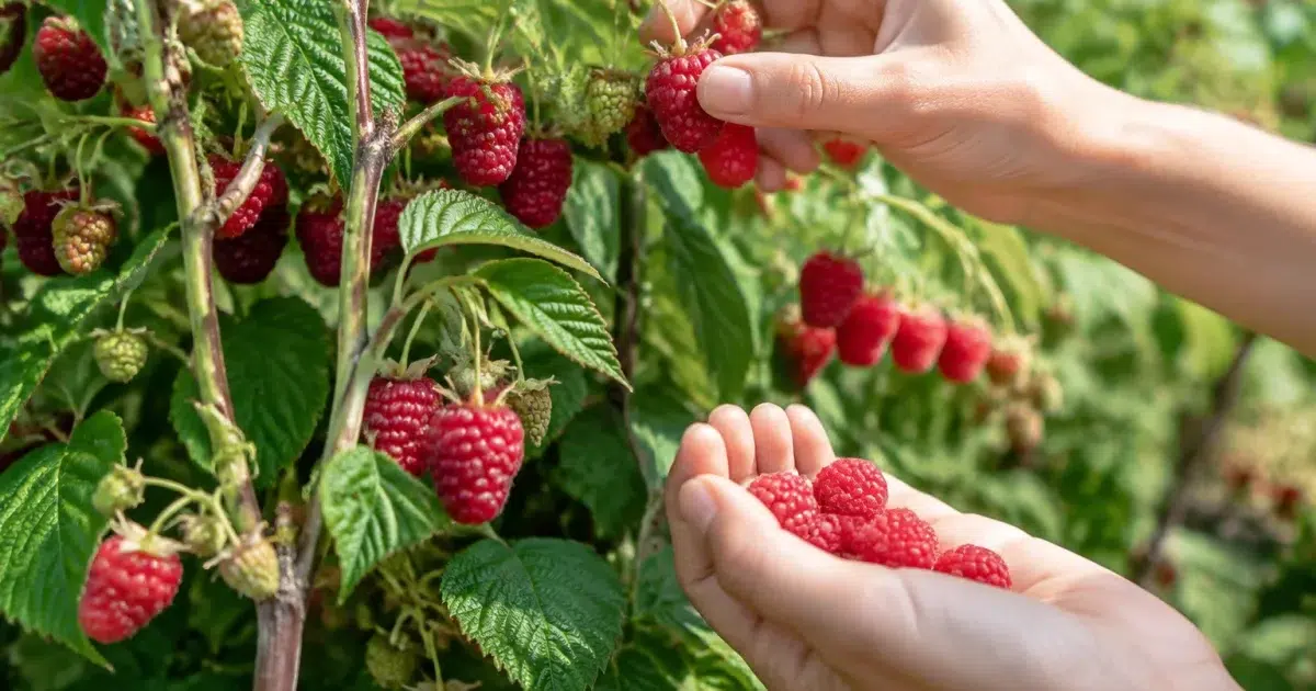 Mains cueillant framboises rouges sur tiges vertes et grises dressées