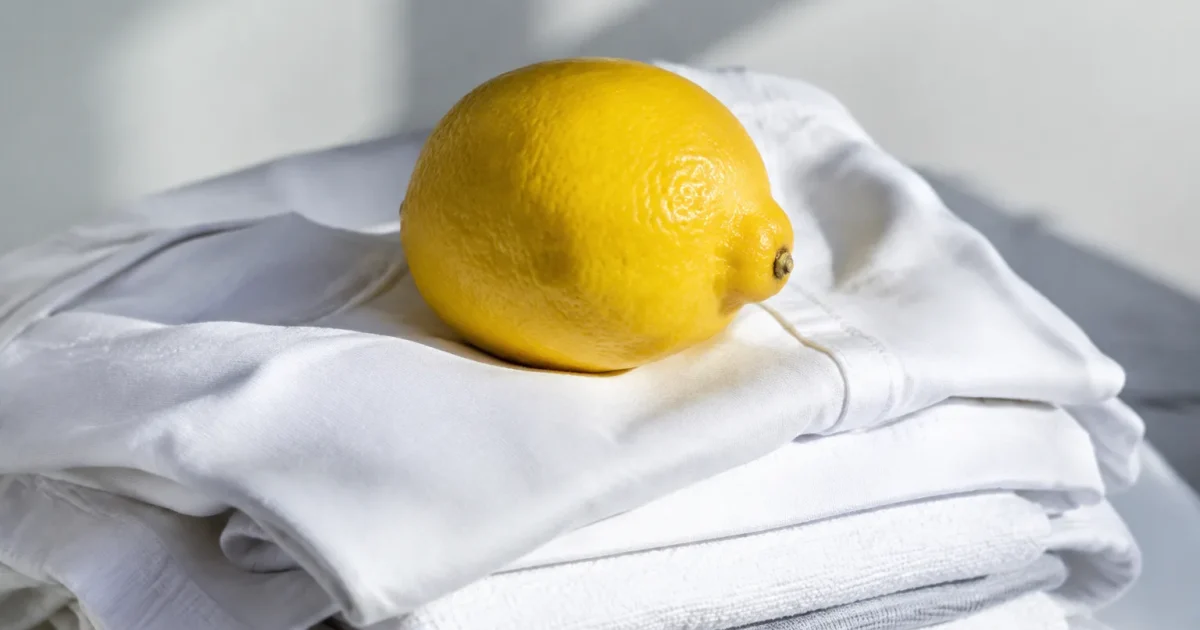 Fruit jaune reposant sur vetements blancs empiles