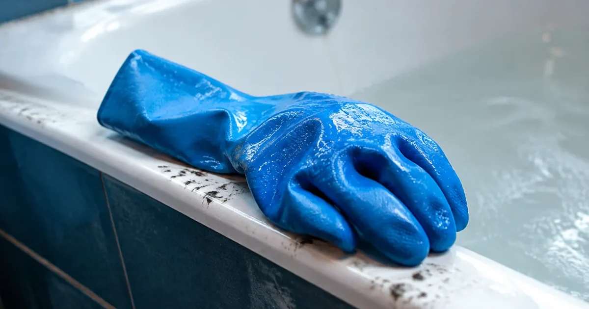 Gant roule humide sur rebord baignoire taches sombres