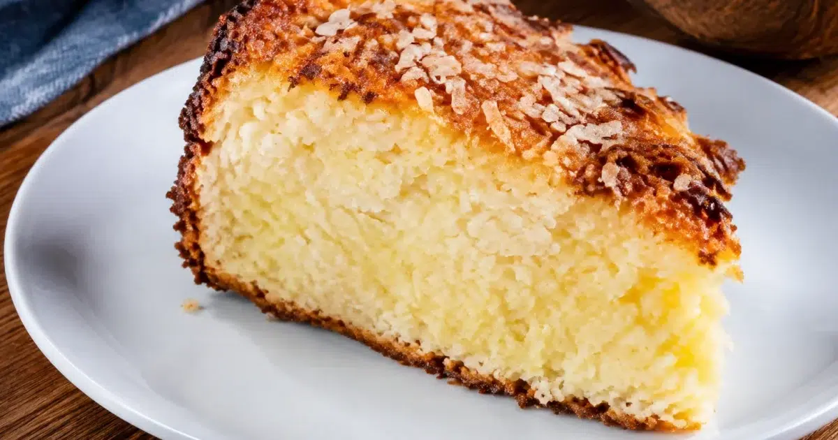 Gateau noix coco tranche epaisse posee assiette blanche