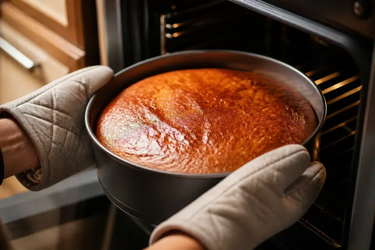 Gateau dore a la croute brillante sortant du four