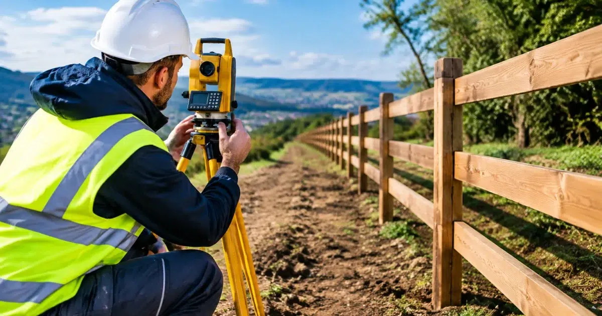 Geometre mesure terrain pres cloture bois recemment installee