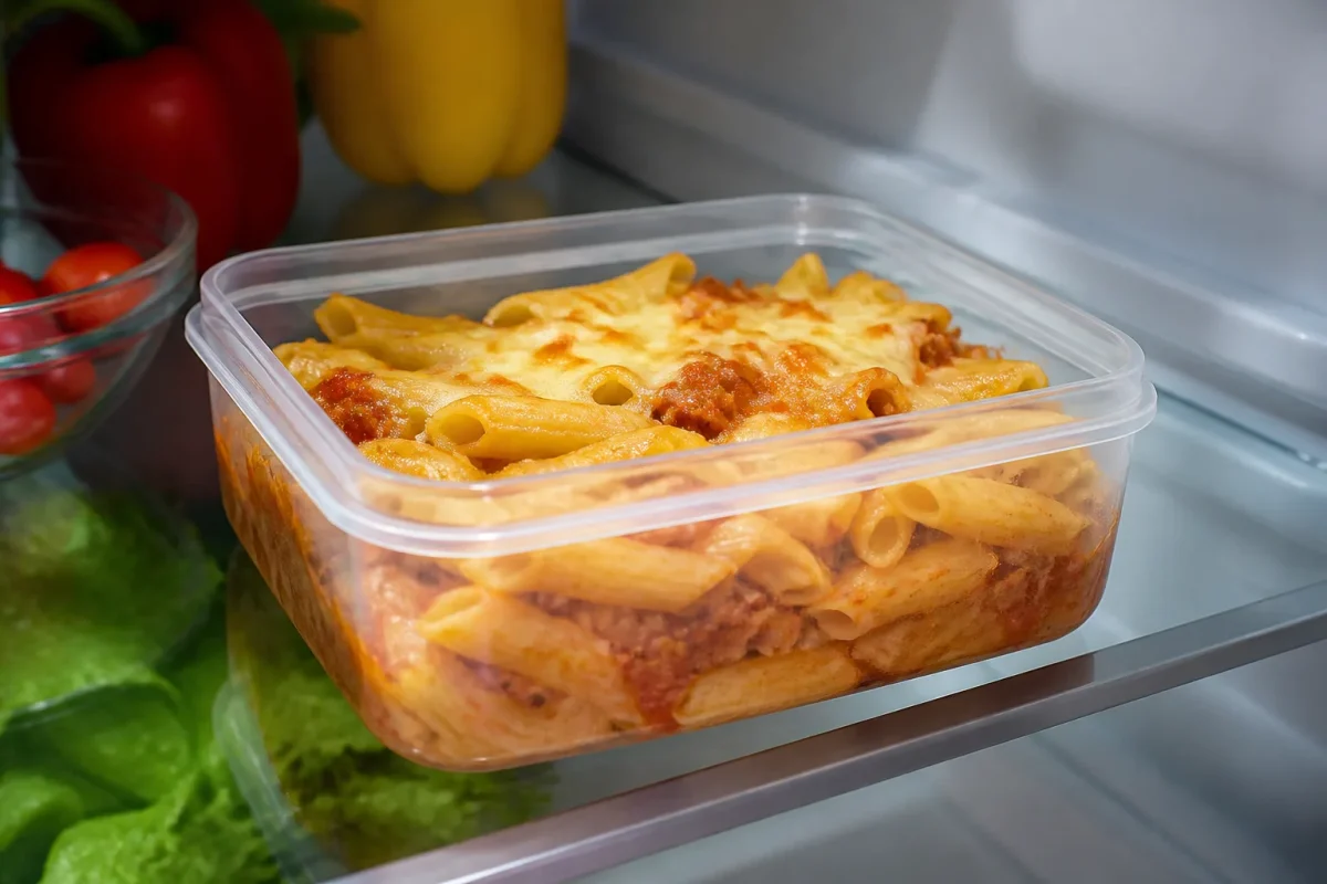 Plat gratin pates entier dans recipient ferme refrigerateur