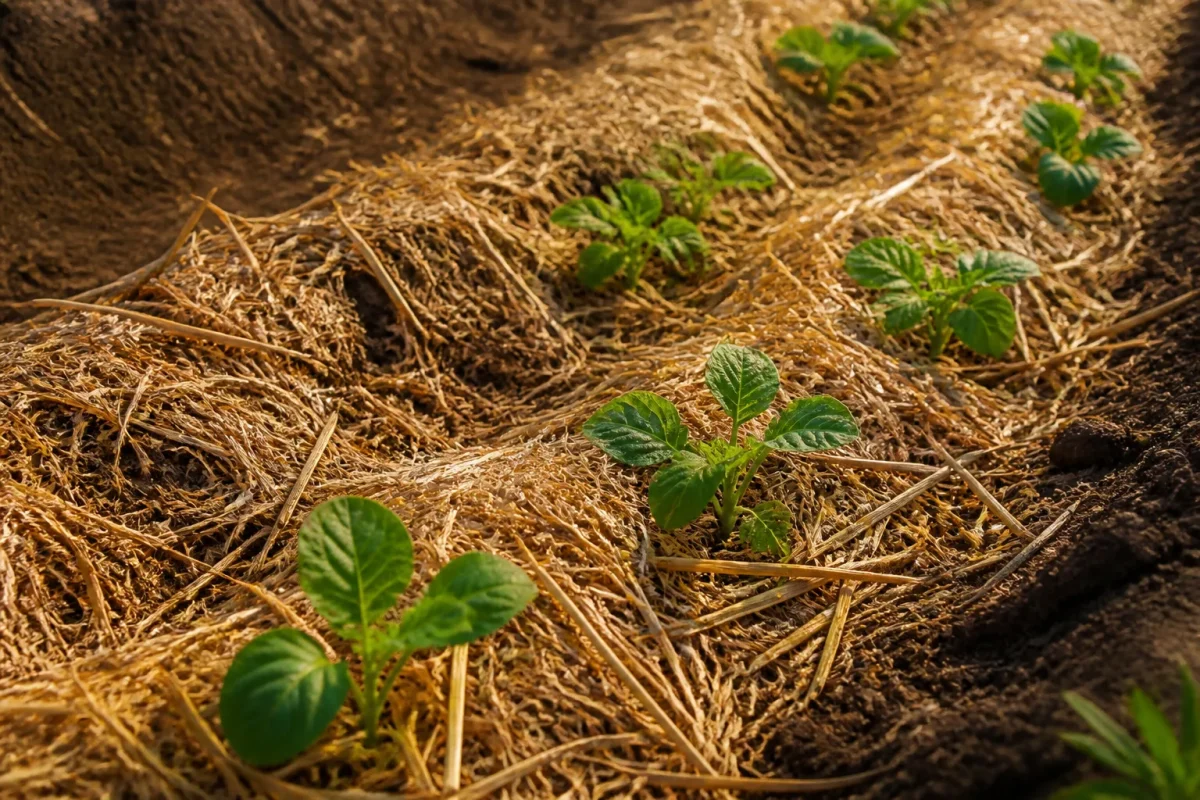 Tranchee peu profonde avec plants disposes en quinconce et paillis