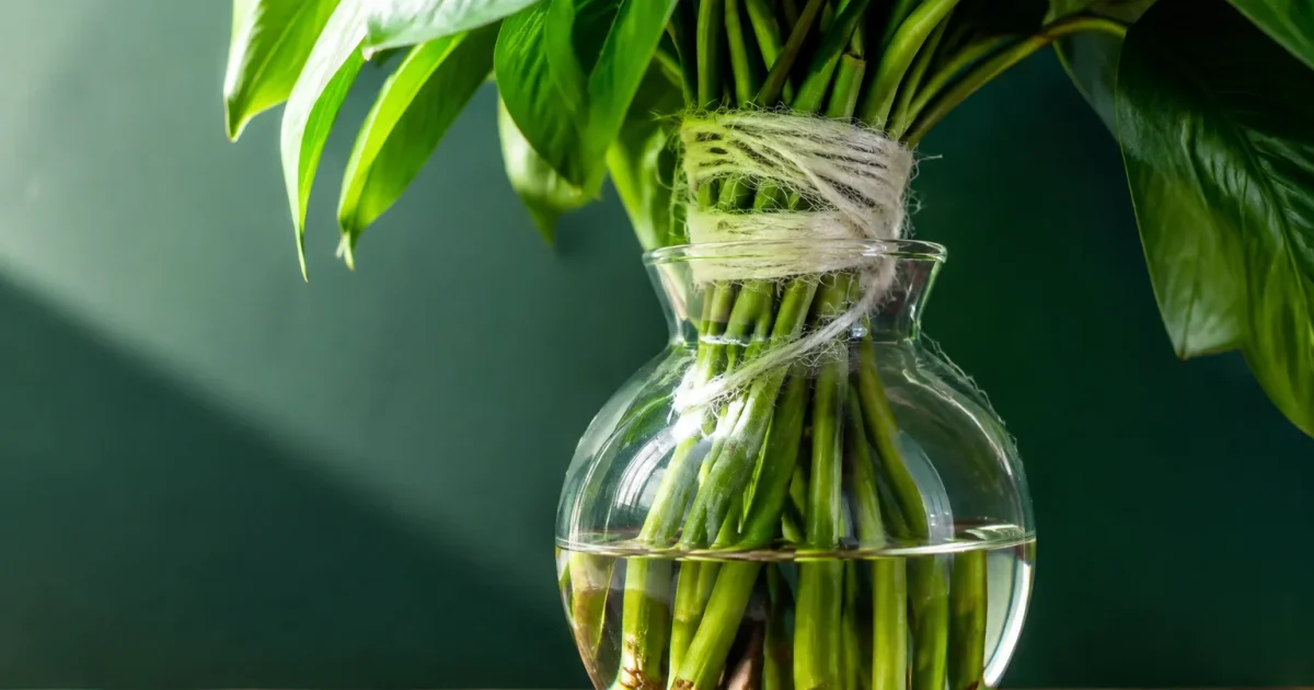 Herbe verte avec fibreux blanc serre pressant le vase