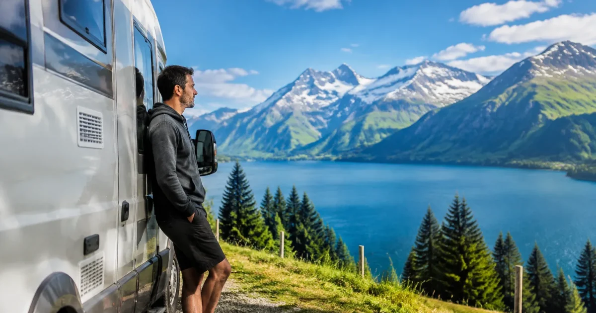 Homme adosse camping-car montagne paysage suisse
