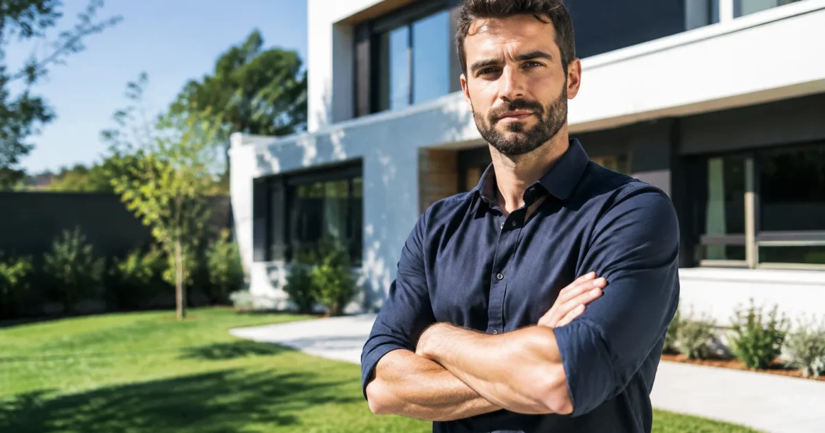 Homme bras croises debout fermement propriete