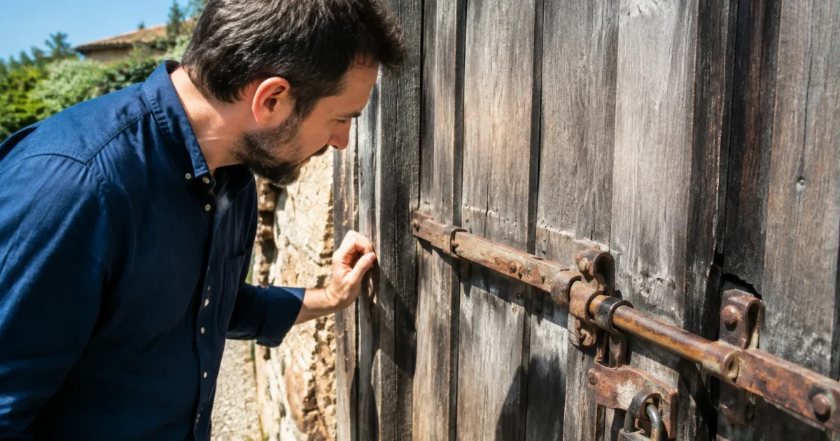 Homme debout examine verrous rouilles porte maison